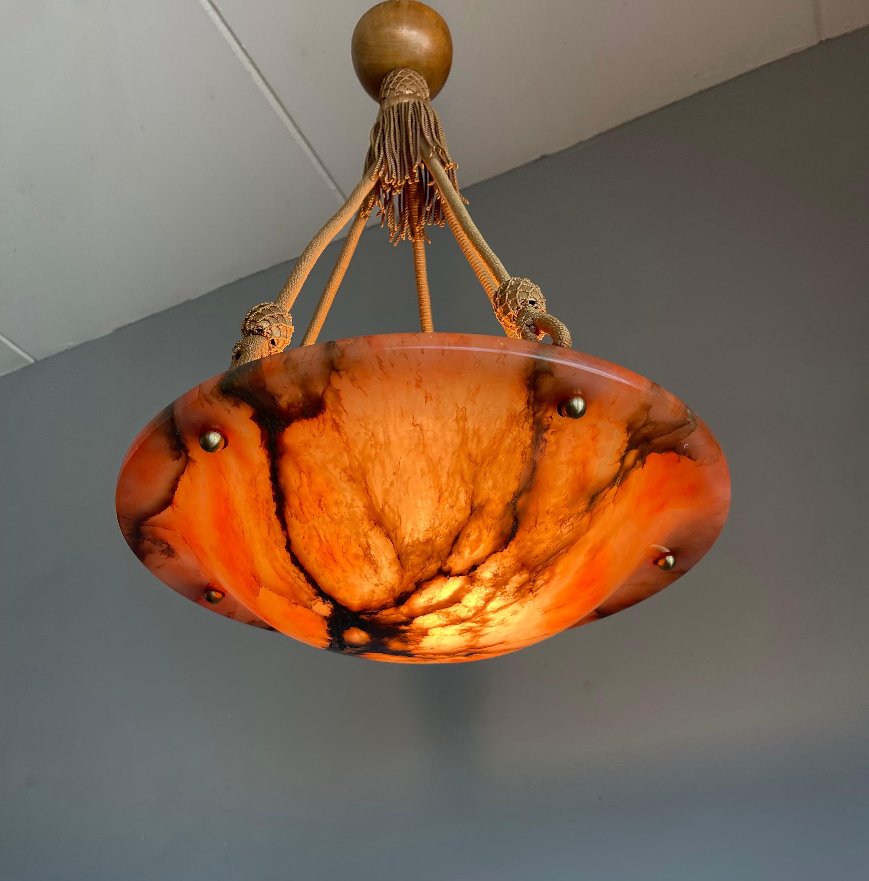 20th Century Beautiful Color, Art Deco Alabaster Pendant Light / Chandelier Hanging on Rope For Sale