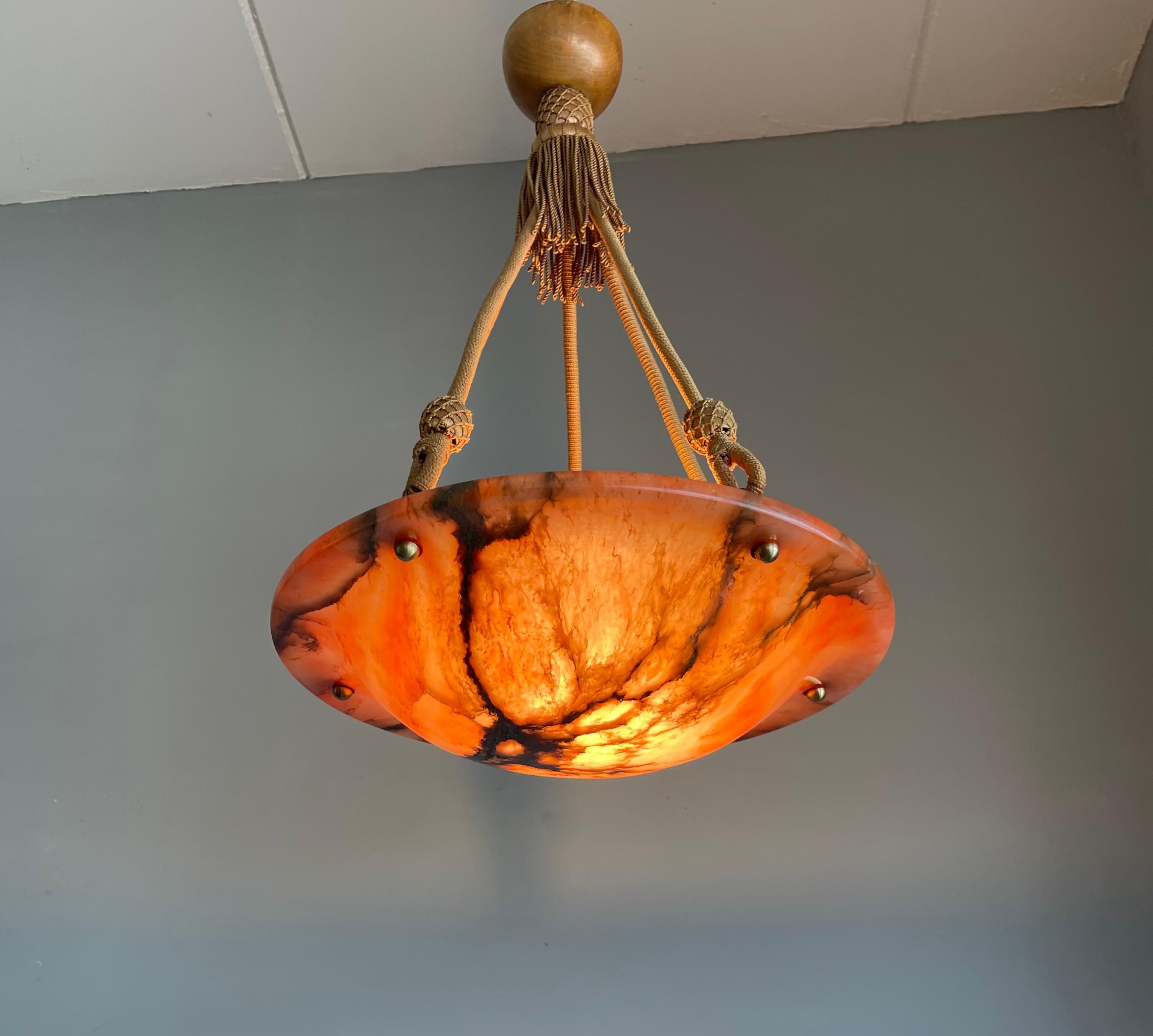 Beautiful Color, Art Deco Alabaster Pendant Light / Chandelier Hanging on Rope In Good Condition For Sale In Lisse, NL