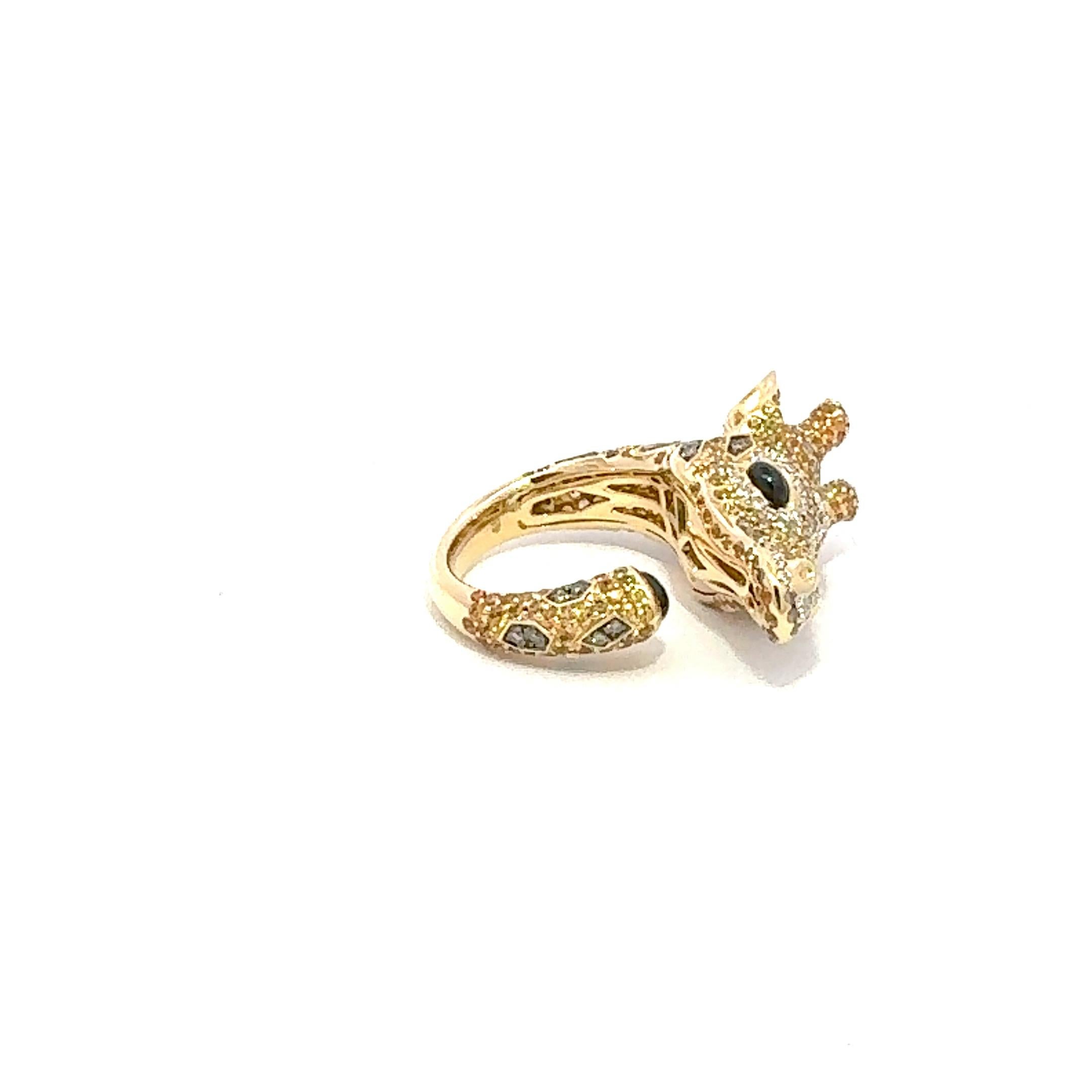 Rough Cut Marvellous Giraffe Diamond Onyx Yellow 18K Gold Exclusive Ring For Sale