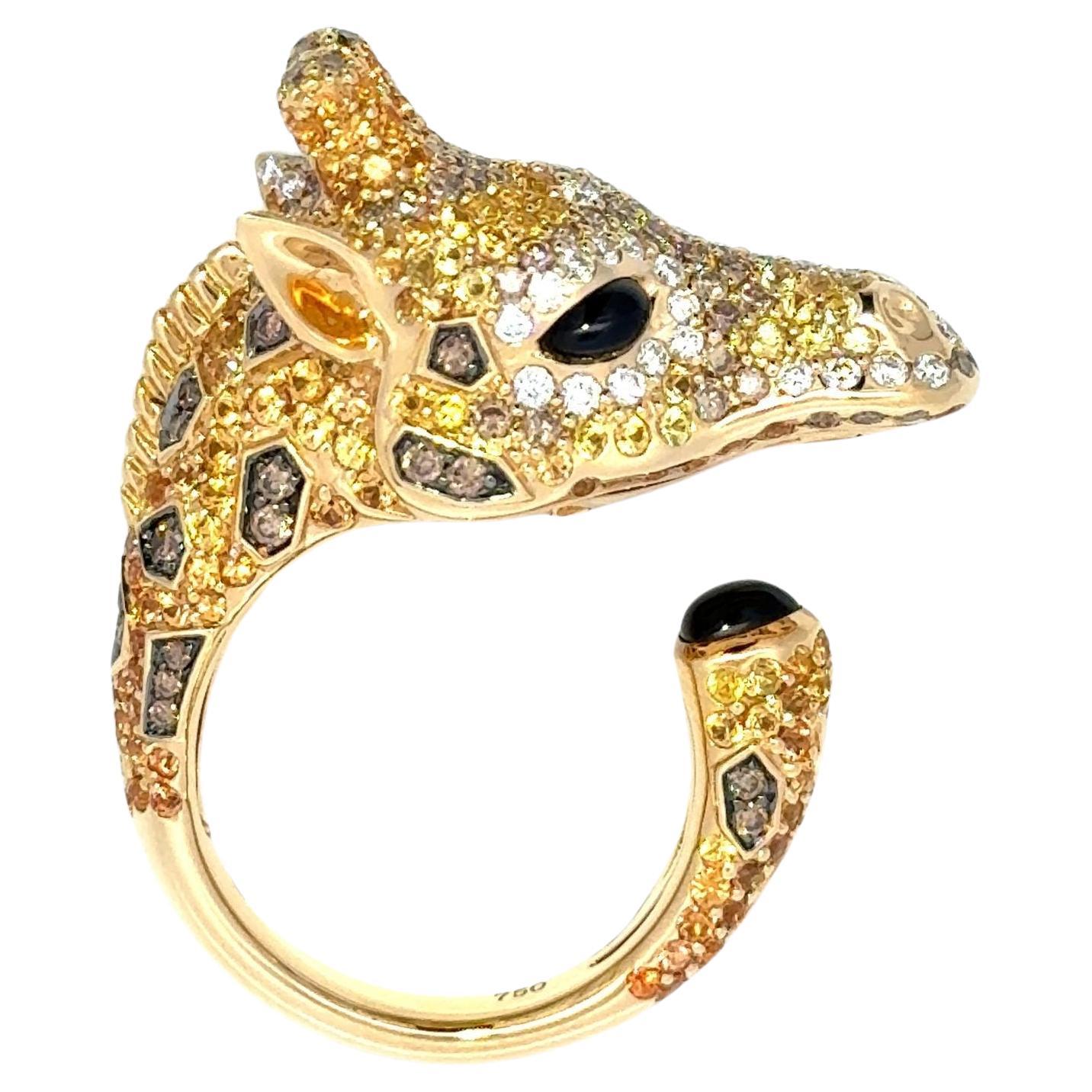 Marvellous Giraffe Diamond Onyx Yellow 18K Gold Exclusive Ring For Sale