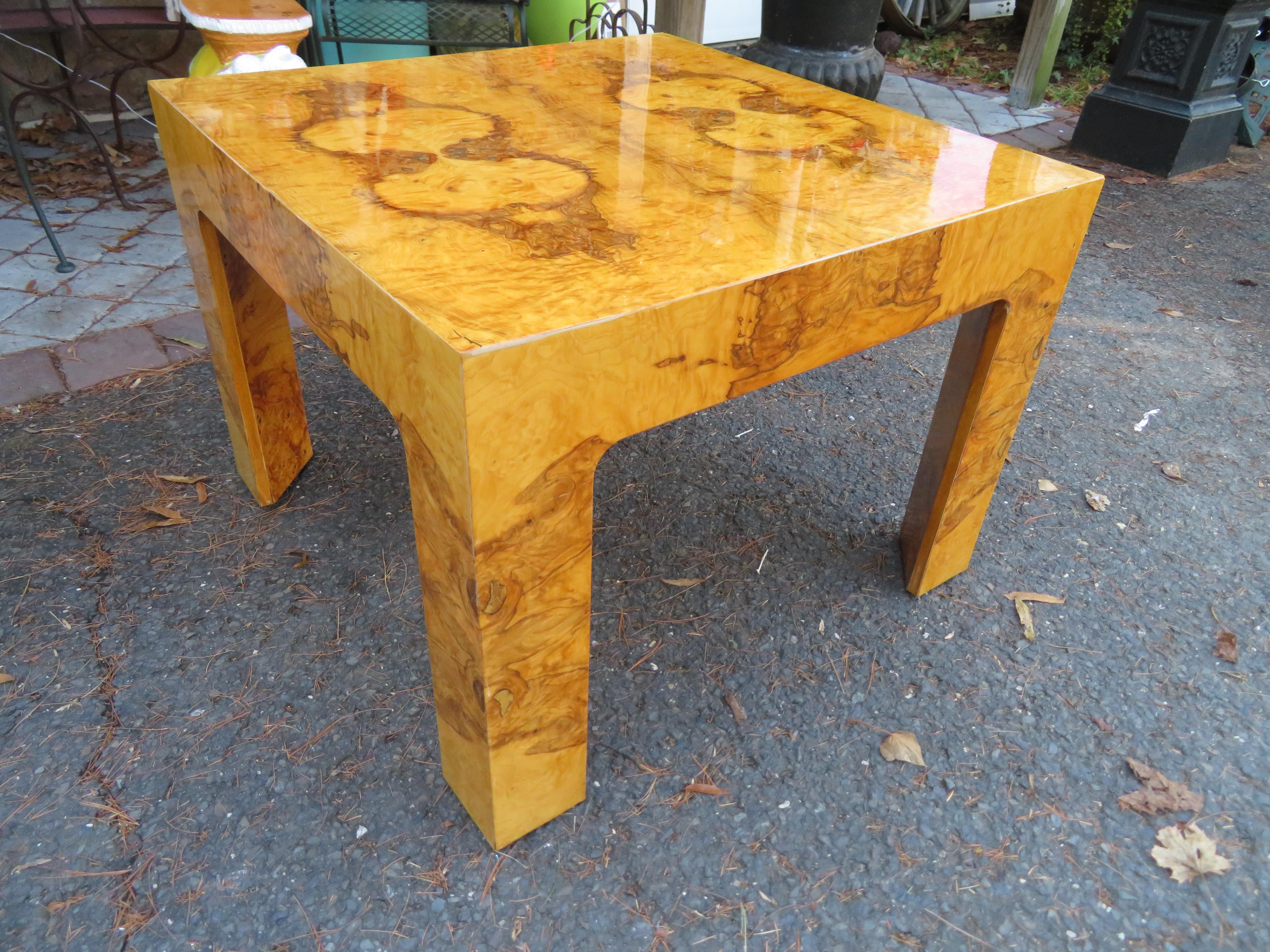 American Marvellous Milo Baughman Style Burl Olive Wood End/Side Table Mid-Century Modern