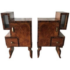 Antique Marvellous Pair of Cubist 1930s Art Deco Burl Walnut and Macassar Nightstands