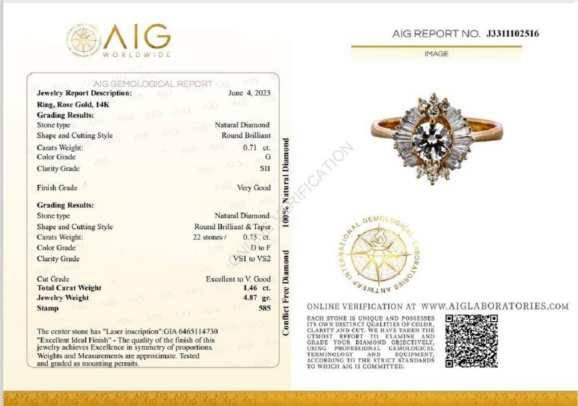 Marvelous 14k Rose Gold Ring w/ 1.46 Carat Natural Diamonds GIA Certificate In New Condition For Sale In רמת גן, IL