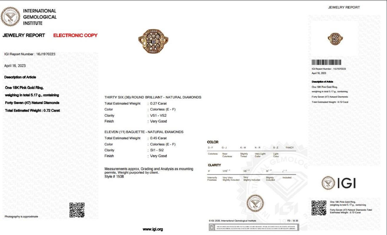 Baguette Cut Marvelous 18k Rose Gold Cluster Ring w/ 0.72 Ct Natural Diamond IGI Certificate For Sale