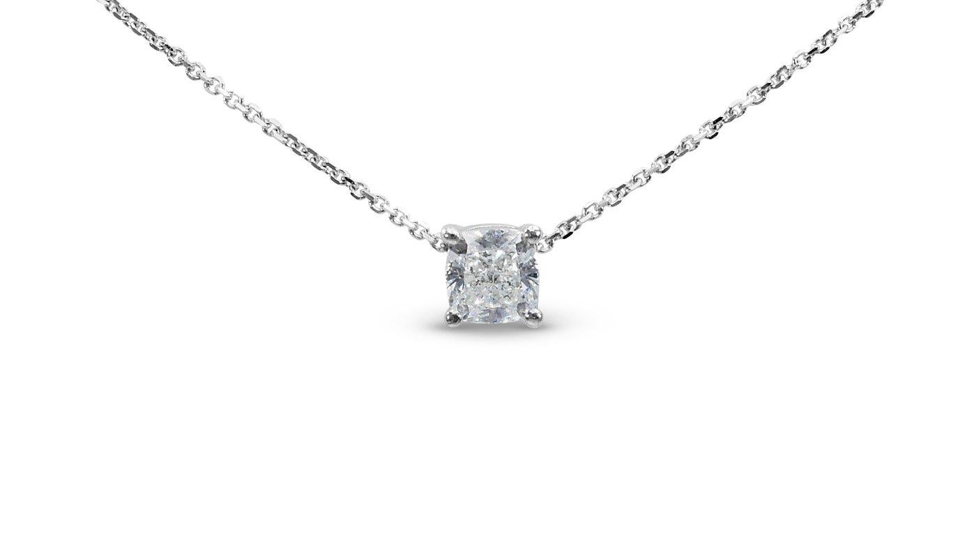 A charming solitaire necklace with a dazzling 0.73-carat cushion diamond. The jewelry is made of 18k White Gold with a high-quality polish. It comes with a GIA certificate and a fancy jewelry box.

1 diamond main stone of 0.73 carat
cut: