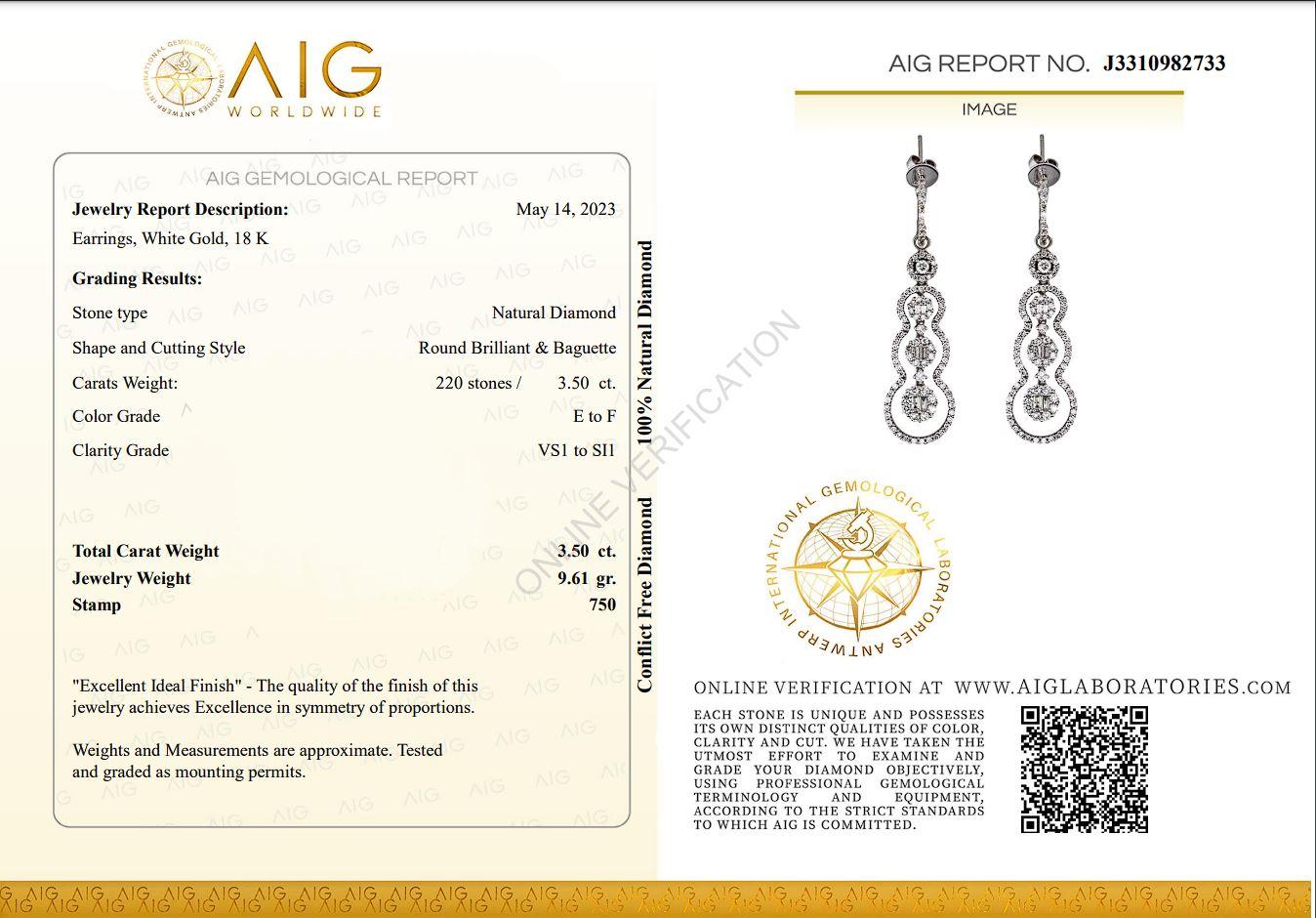 Beautiful drop earrings with dazzling 3.5 carat round brilliant and baguette diamonds. The jewelry is made of 18K White Gold with a high quality polish. It comes with an AIG certificate and a nice jewelry box.

220 diamonds main stone of 3.5