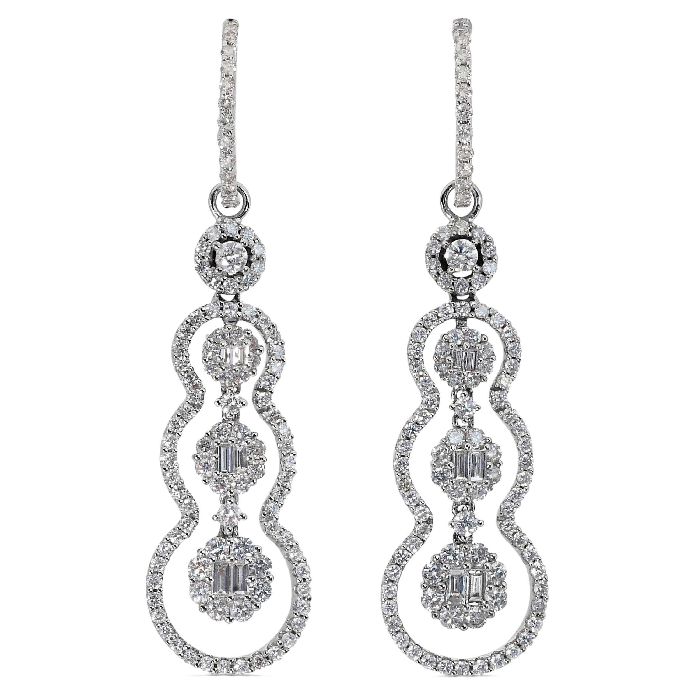 Marvelous 18k White Gold Drop Earrings w/ 3.5ct Natural Diamonds AIG Certificate For Sale