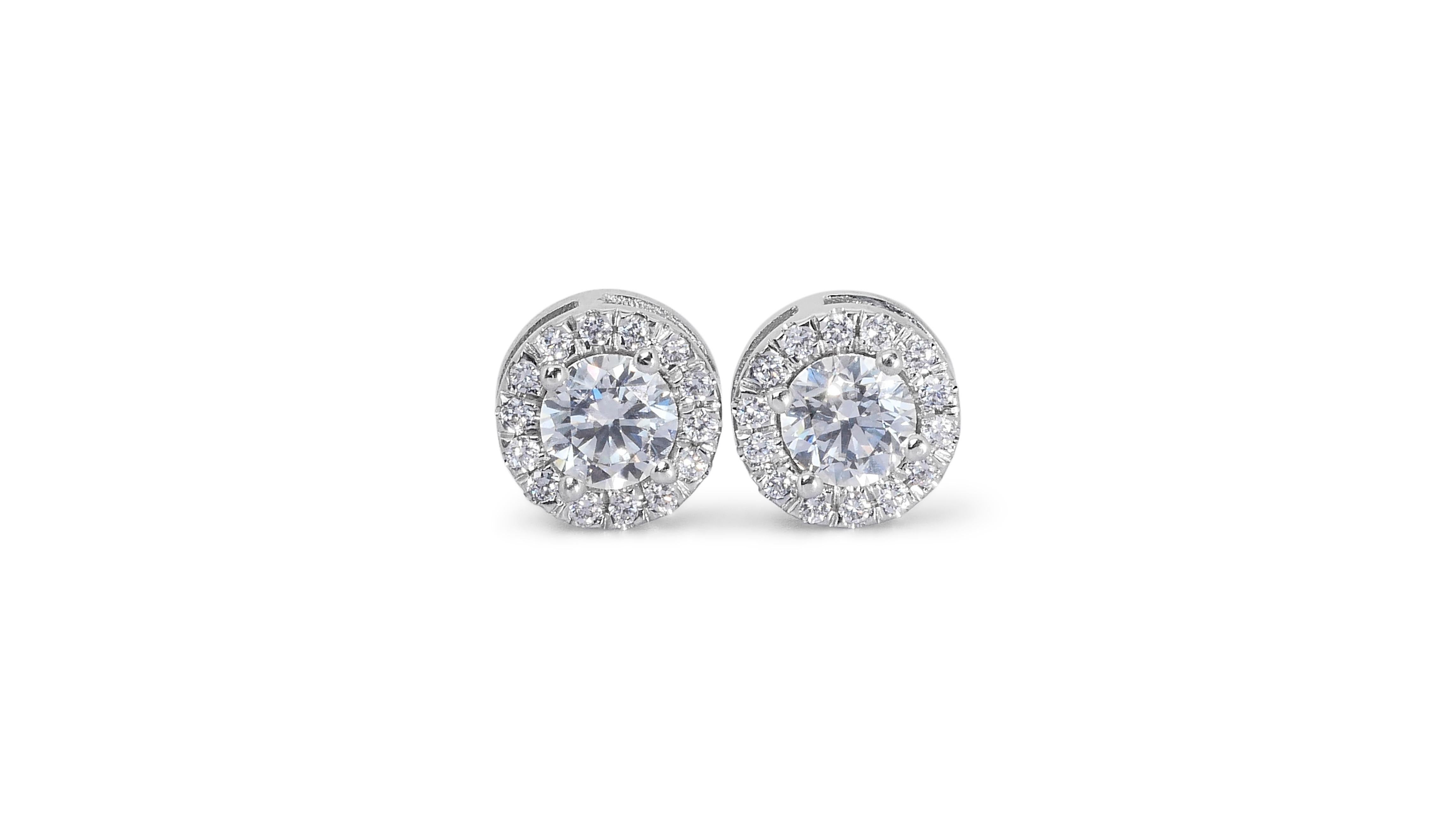 Round Cut Marvelous 18k White Gold Halo Stud Earrings w/ 1.05ct Natural Diamonds AIG Cert For Sale