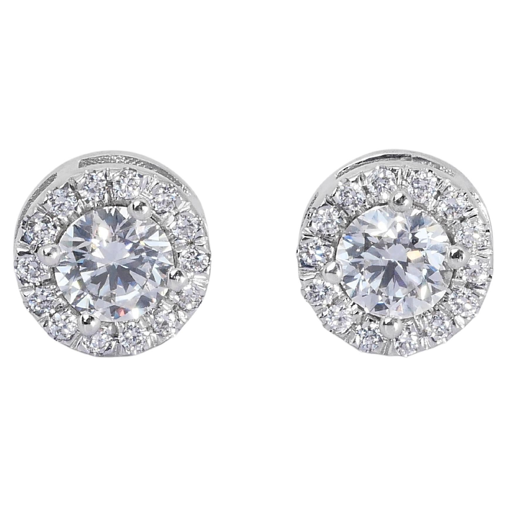 Marvelous 18k White Gold Halo Stud Earrings w/ 1.05ct Natural Diamonds AIG Cert For Sale