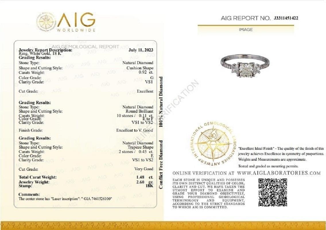 Cushion Cut Marvelous 18k White Gold Ring with 1.48 ct Total Natural Diamonds - GIA Cert For Sale