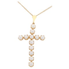 Marvelous 18k Yellow Gold Cross Necklace W/ Pendant .02 Carat Natural Pearls