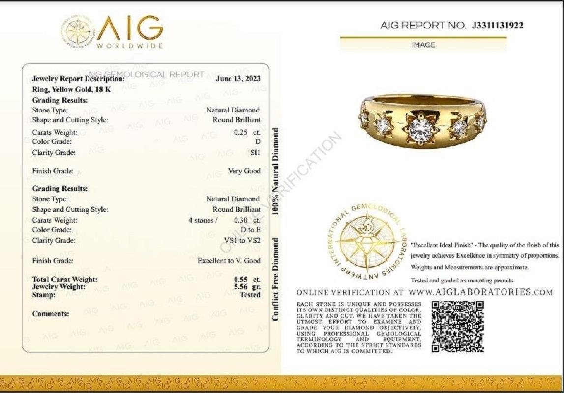 A gorgeous dome ring with a dazzling 0.25-carat round brilliant natural diamond. It has 0.3 carat of side diamonds which add more to its elegance. The jewelry is made of 18K Yellow Gold with a high-quality polish. It comes with an AIG certificate