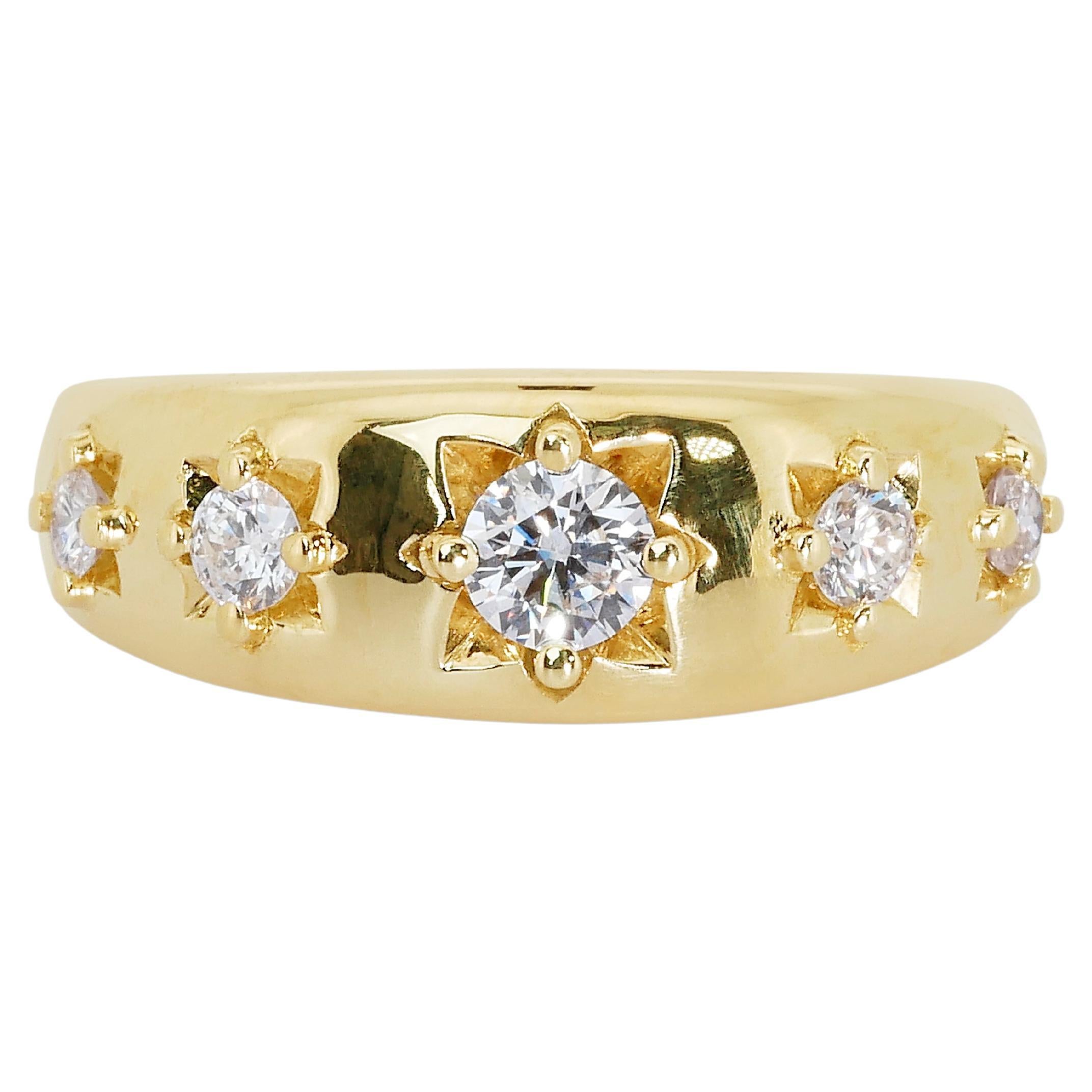 Marvelous 18k Yellow Gold Dome Ring w/ 0.55 Ct Natural Diamonds Aig Certificate For Sale