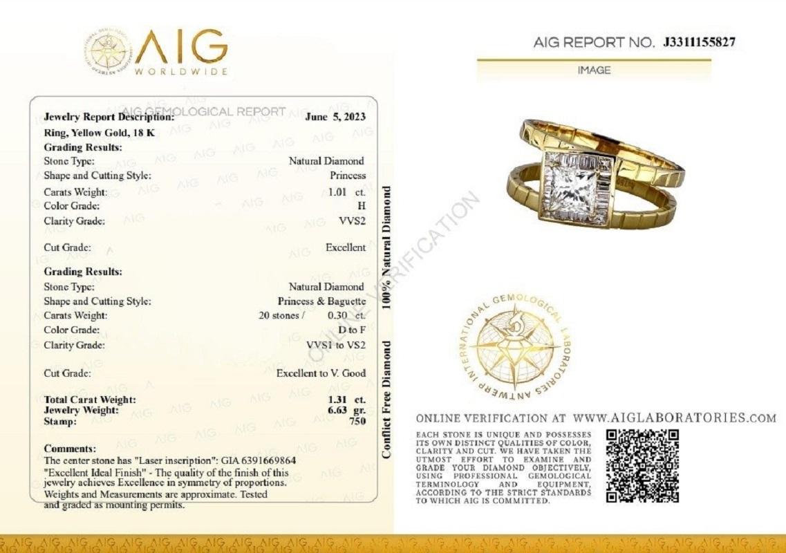 Princess Cut Marvelous 18k Yellow Gold Ring w/ 1.31 ct Natural Diamonds GIA Certificate For Sale