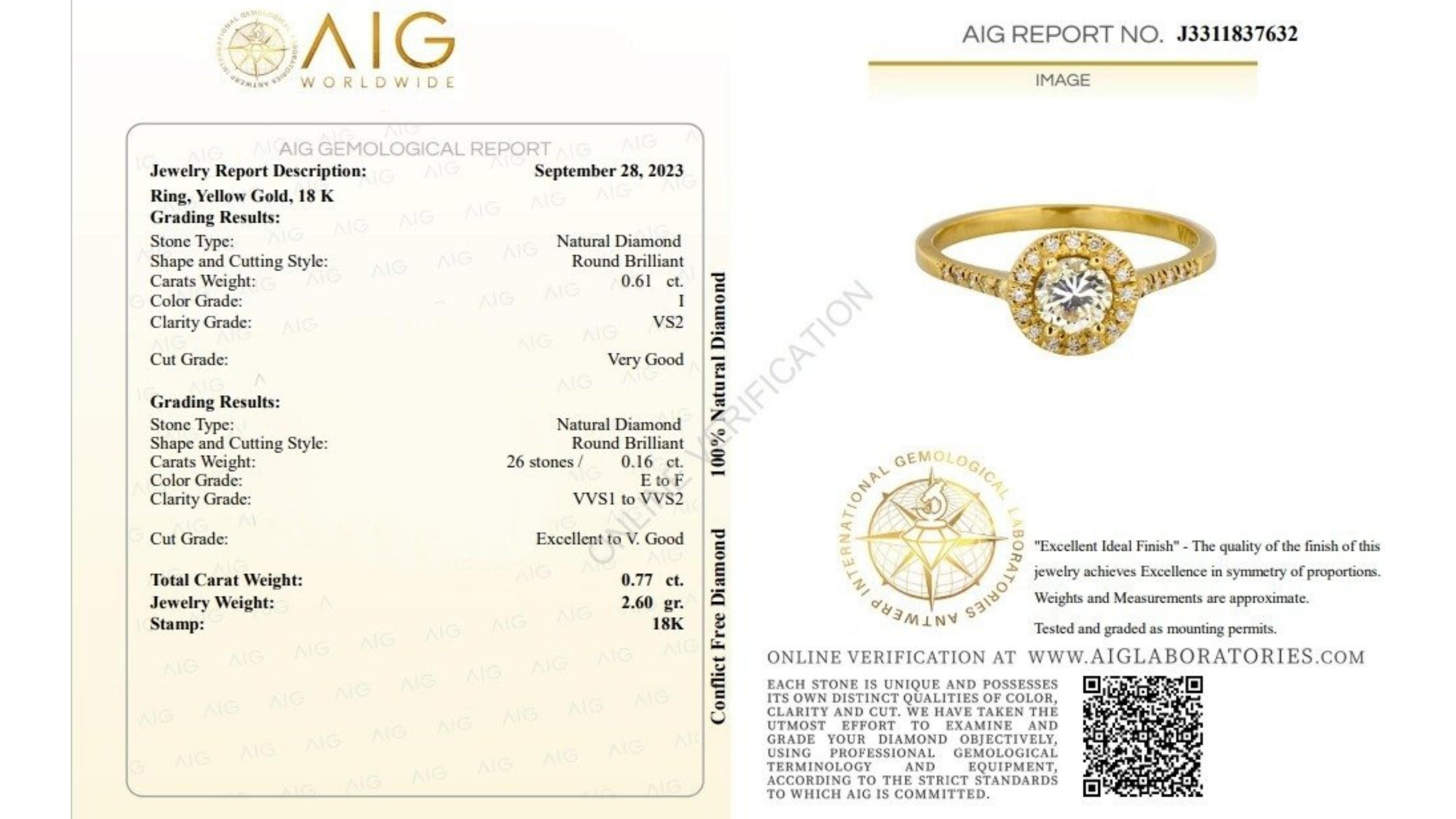 AIG Certified 0.77 Carat Round Brilliant Cut Diamond and Round Brilliant Side Stones Pave Ring in 18K Yellow Gold

This fabulous pave ring features a dazzling 0.61 carat round brilliant natural diamond center stone and 0.16 carats of round brilliant