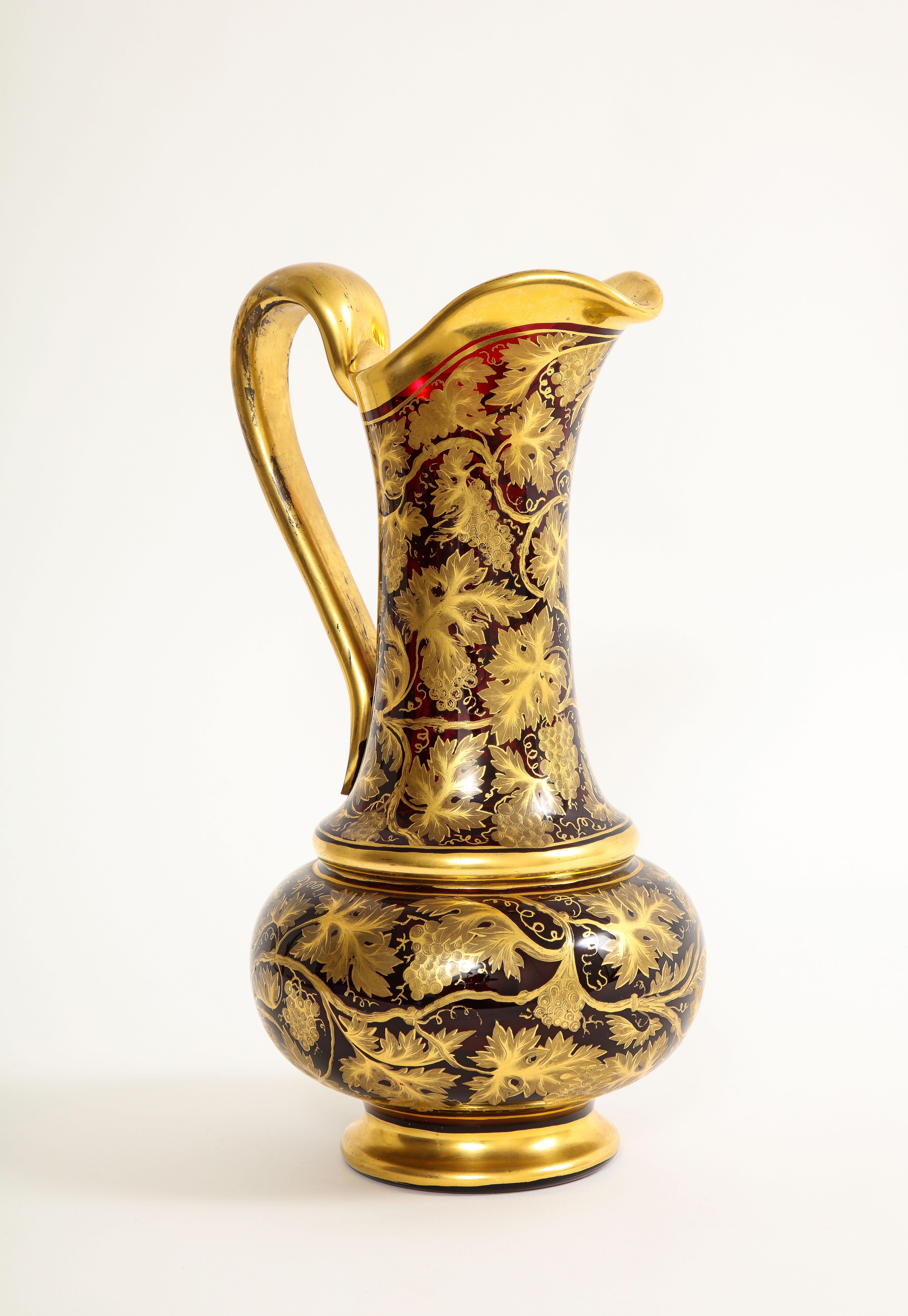 Marvelous 19th Century Bohemian Red Crystal & 24k Gold Decorated Ewer In Good Condition For Sale In New York, NY