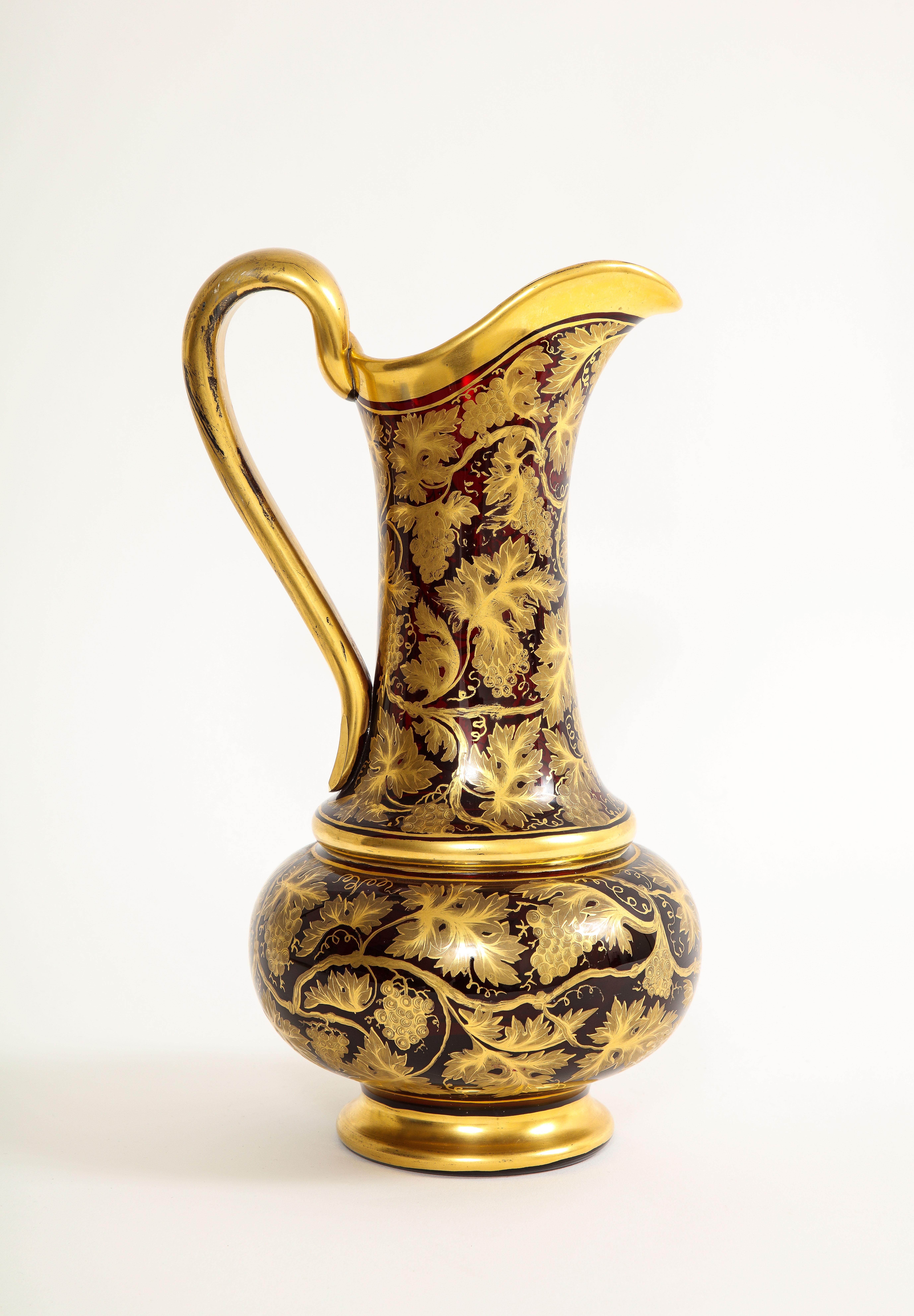 Late 19th Century Marvelous 19th Century Bohemian Red Crystal & 24k Gold Decorated Ewer For Sale