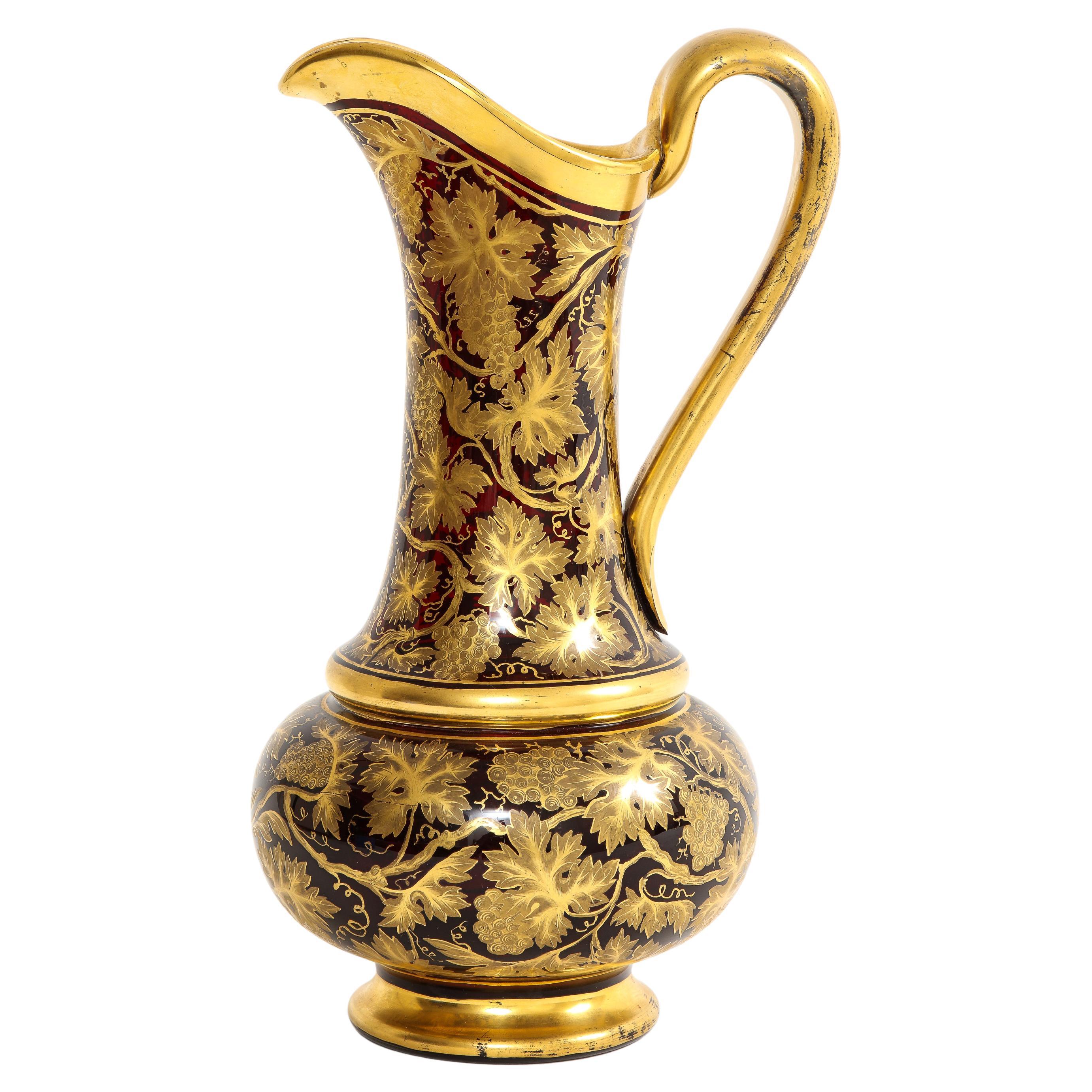 Marvelous 19th Century Bohemian Red Crystal & 24k Gold Decorated Ewer For Sale