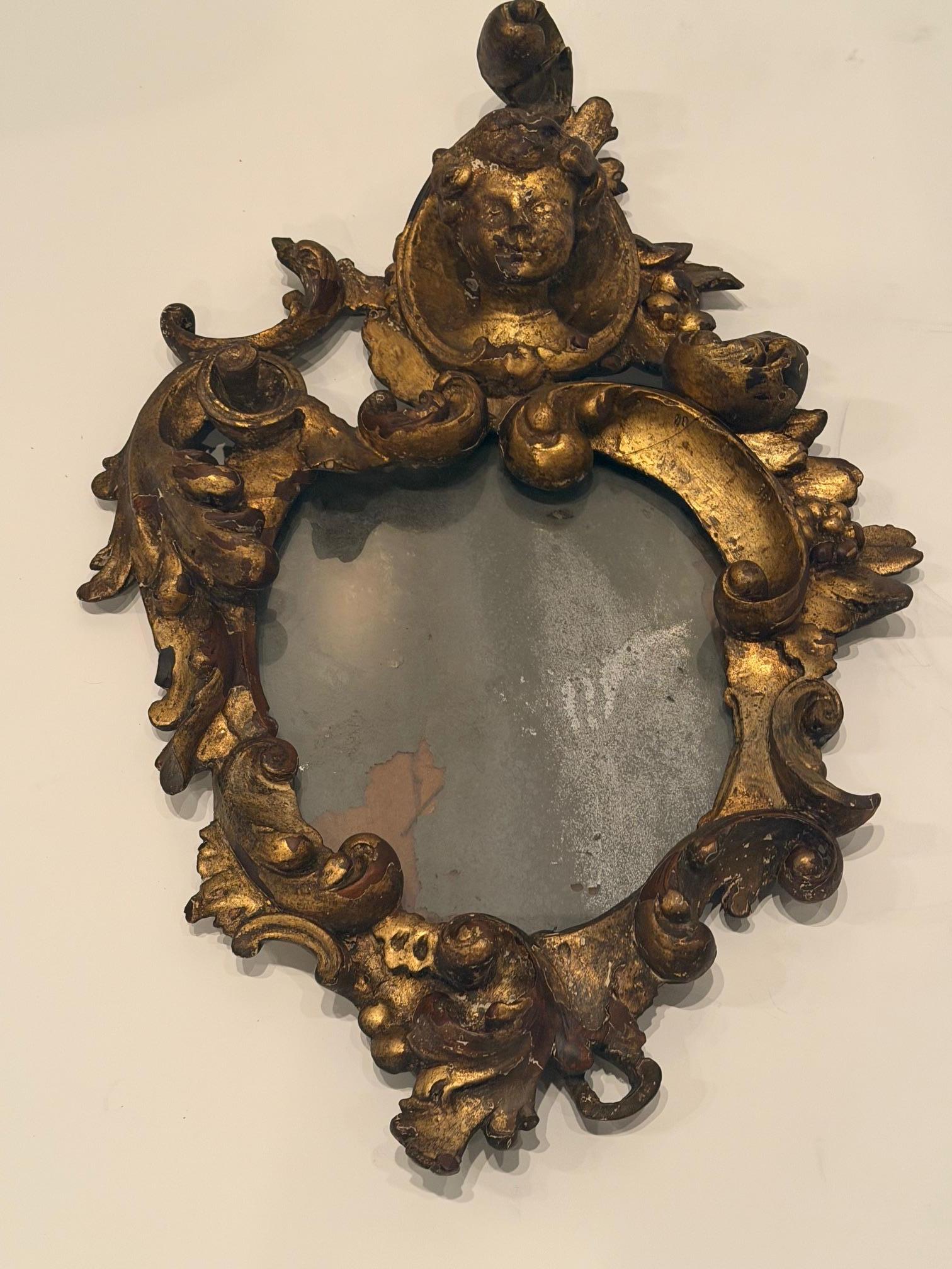 italien Merveilleux miroir baroque vénitien doré sculpté du 19e siècle avec verre au mercure en vente