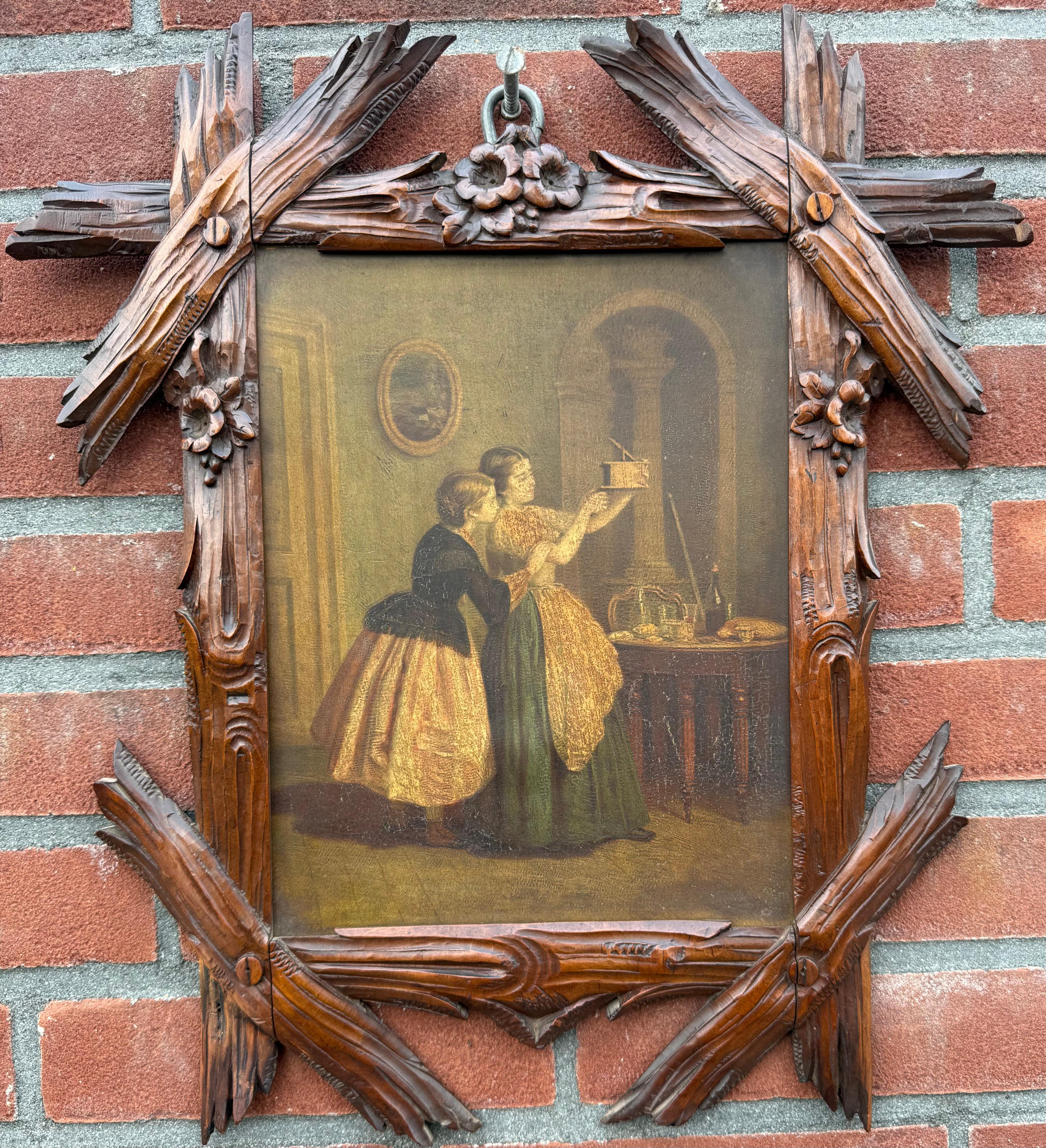 Swiss Marvelous and Antique Pair of 19th Century Black Forest Hand-Carved Wood Frames For Sale