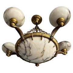 Beautiful Art Deco Bronze Chandelier Pendant with 5 Round Alabaster Shades