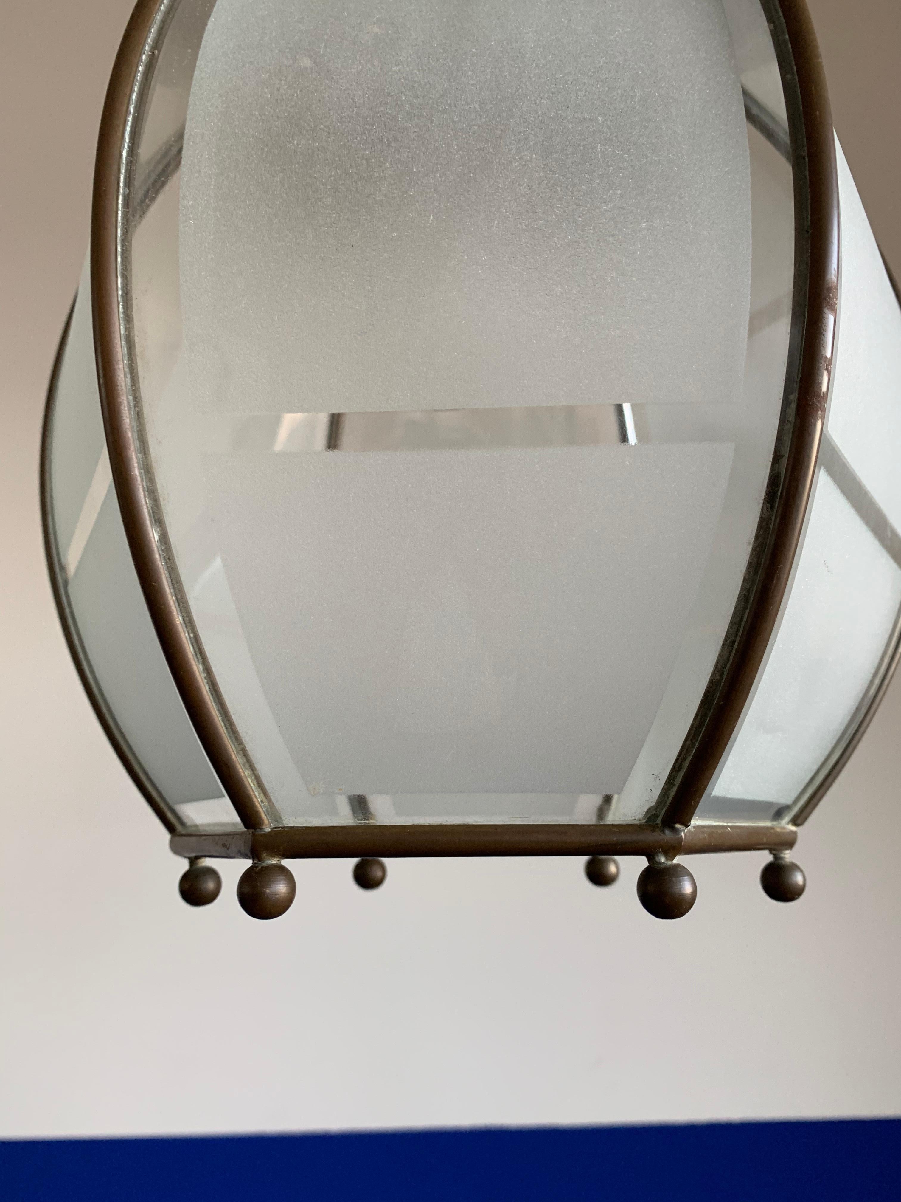 Marvelous Art Deco Design Glass and Brass Entry Hall Pendant Light Fixture 1