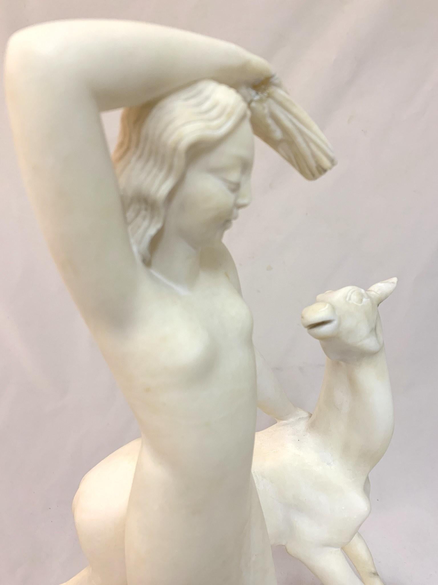 Marvelous Art Deco Lady with Fawn Sculpture, Alabaster, 1930s In Good Condition For Sale In Budapest, HU