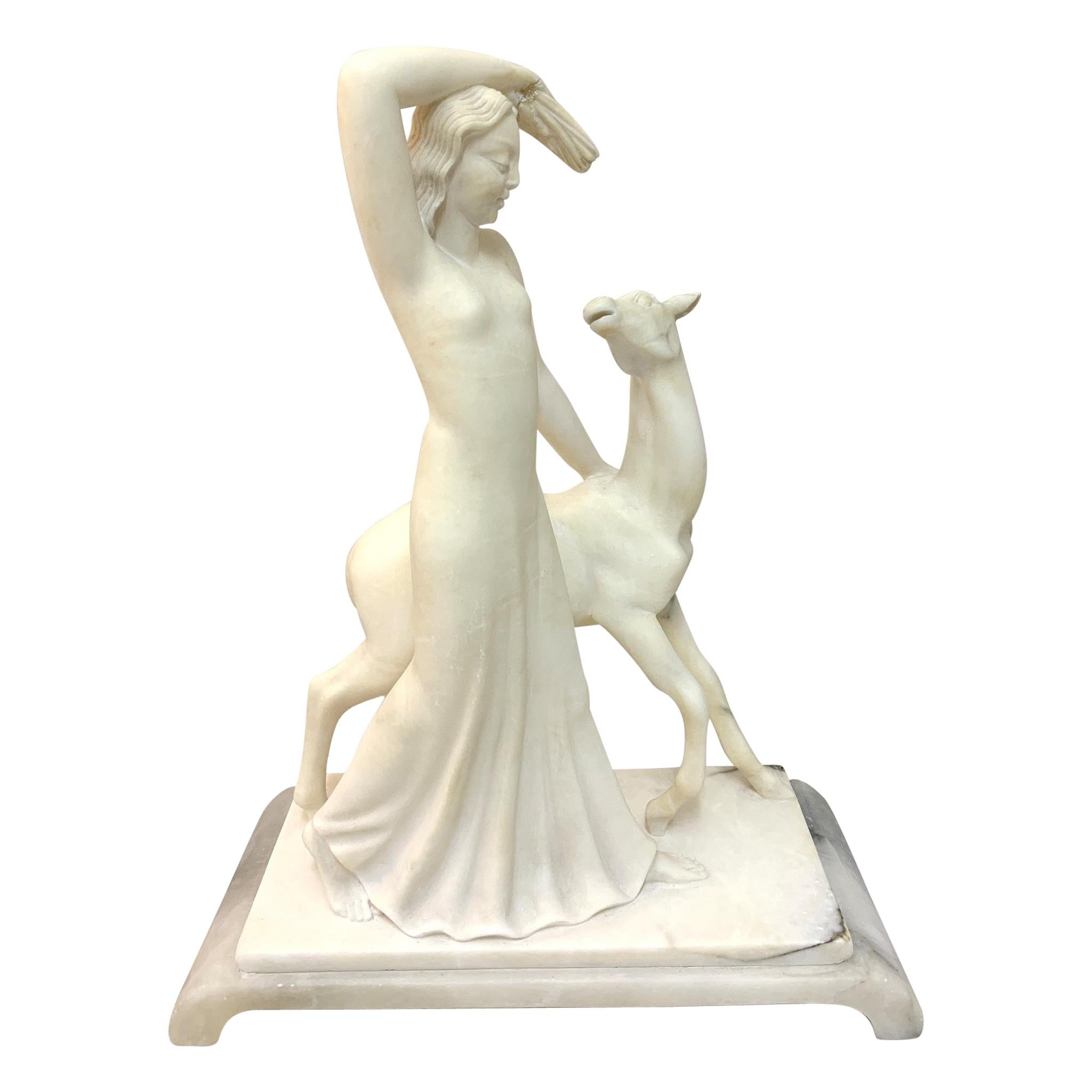Marvelous Art Deco Lady with Fawn Sculpture, Alabaster, 1930s