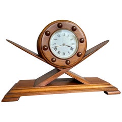 Antique Marvelous Aviation Design Solid Walnut Art Deco Style Mantel or Desk Clock