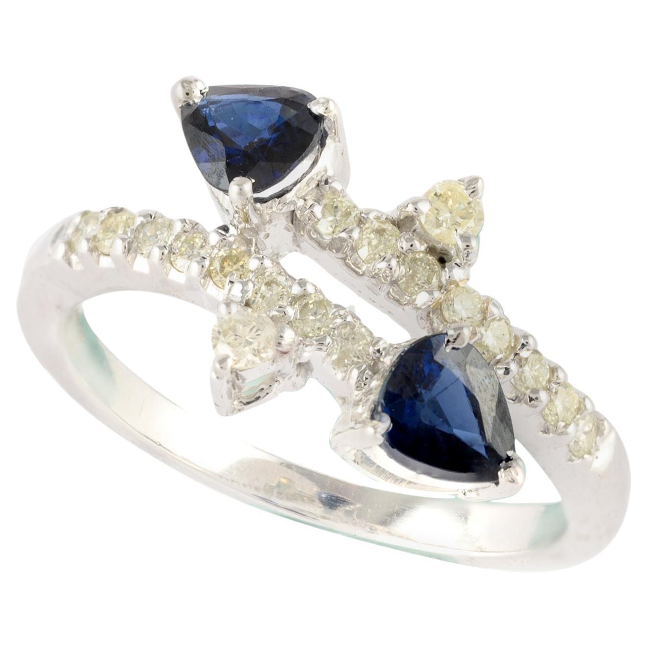 For Sale:  Minimalist Blue Sapphire Diamond Ring in 14K Solid White Gold