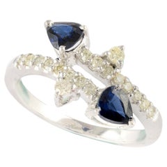 Minimalist Blue Sapphire Diamond Ring in 14K Solid White Gold 