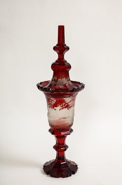 Marvelous Bohemian Red-Cut-to-Clear Crystal Hunting Scene Covered Pokal