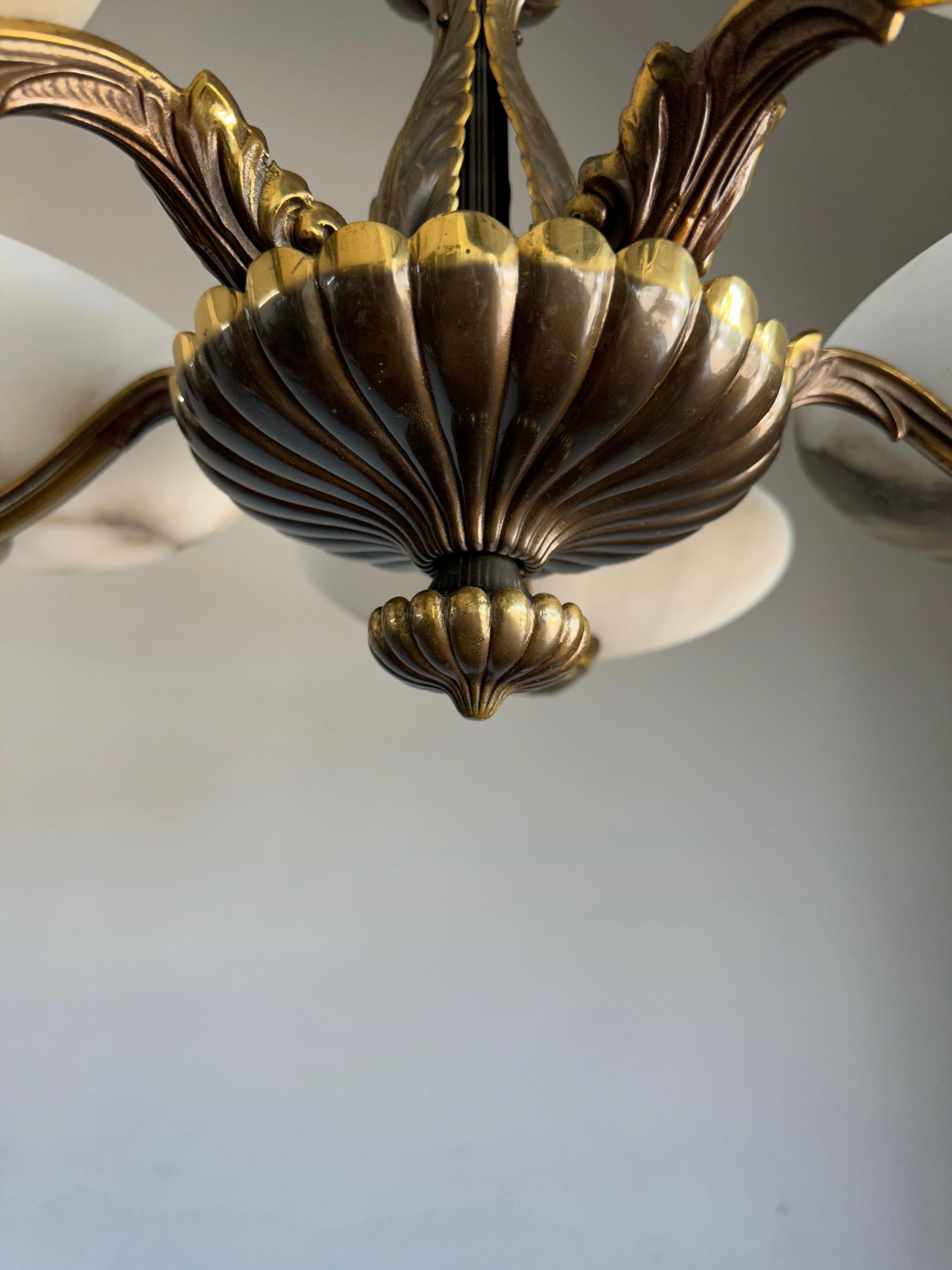 Marvelous Bronze Art Deco Chandelier / Pendant with Five Large Alabaster Shades 9