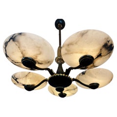 Marvelous Bronze Art Deco Chandelier / Pendant with Five Large Alabaster Shades