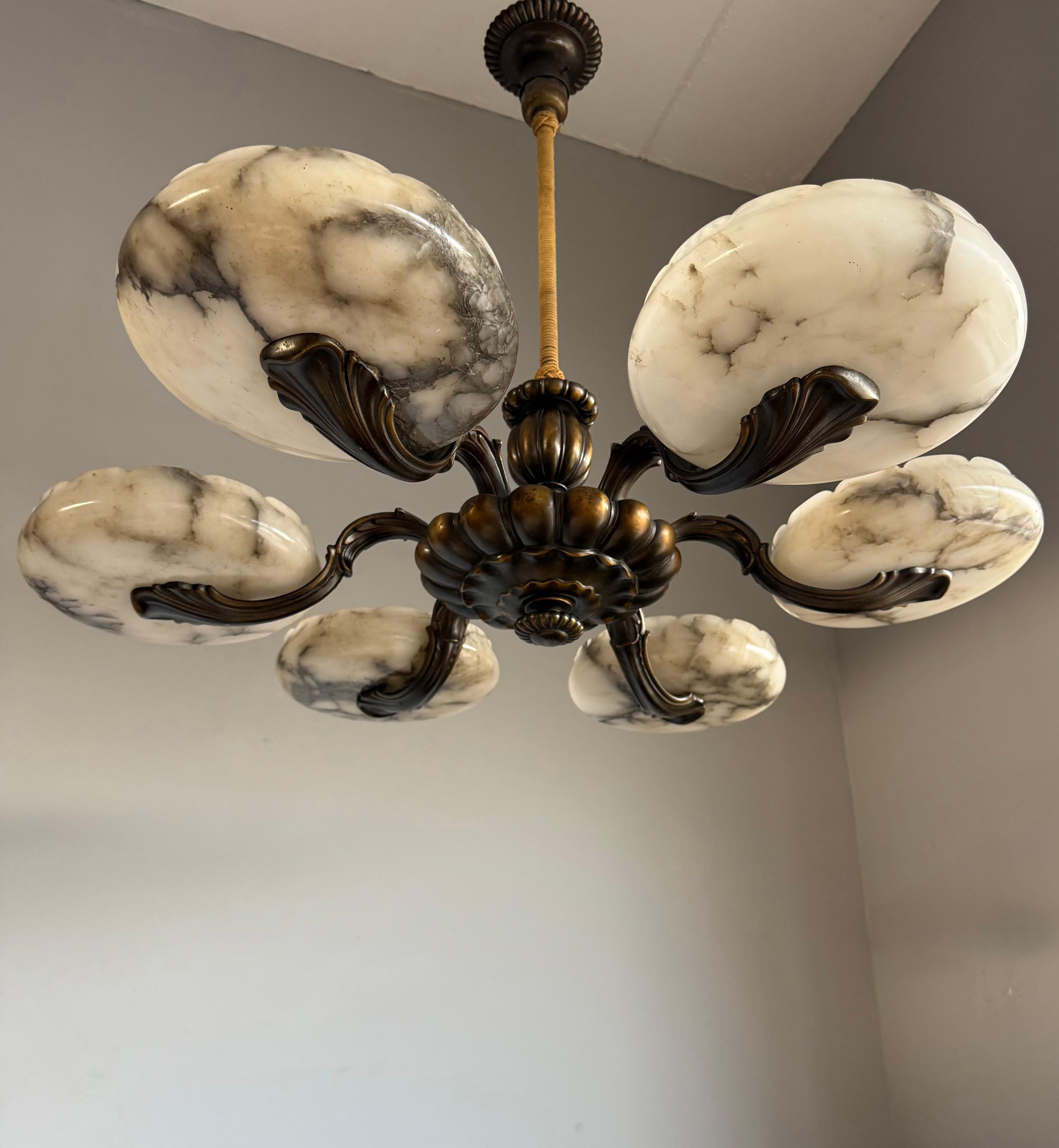 MARVELOUS Bronze Art Deco Chandelier / Pendant with SIX LARGE Alabaster Shades (lampadario in bronzo con sei grandi paralumi in alabastro) in vendita 6