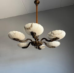 Marvelous Bronze Art Deco Chandelier / Pendant with Six Large Alabaster Shades