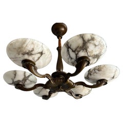 Marvelous Bronze Art Deco Chandelier / Pendant with Six Large Alabaster Shades