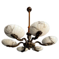 Marvelous Bronze Art Deco Chandelier / Pendant with Six Large Alabaster Shades