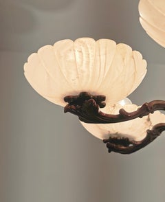 Marvelous Bronze Art Deco Chandelier Six Alabaster Shades Production Italy 50/60