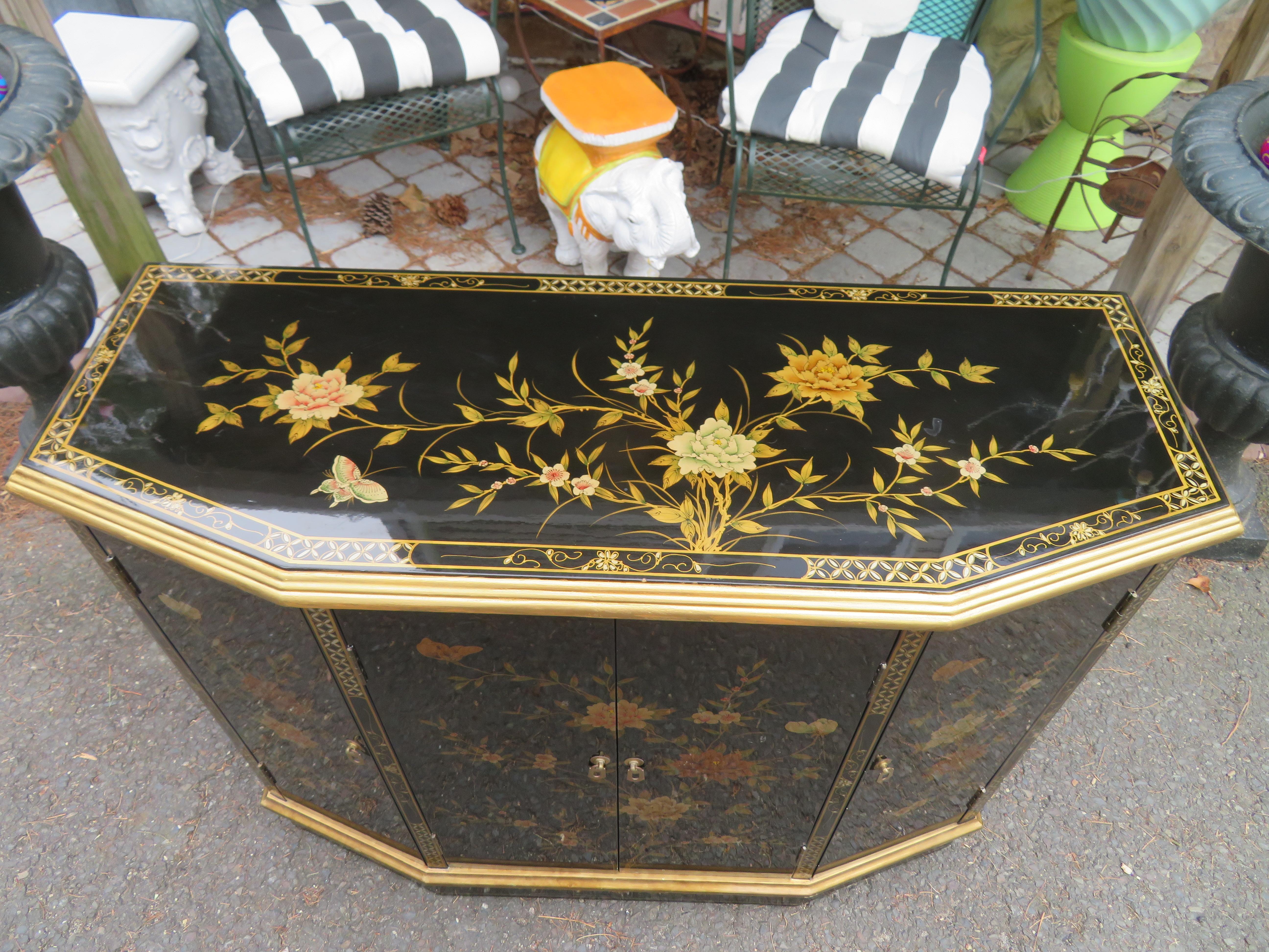 American Marvelous Chinoiserie Black Lacquered Console Cabinet Hand-Painted Floral For Sale