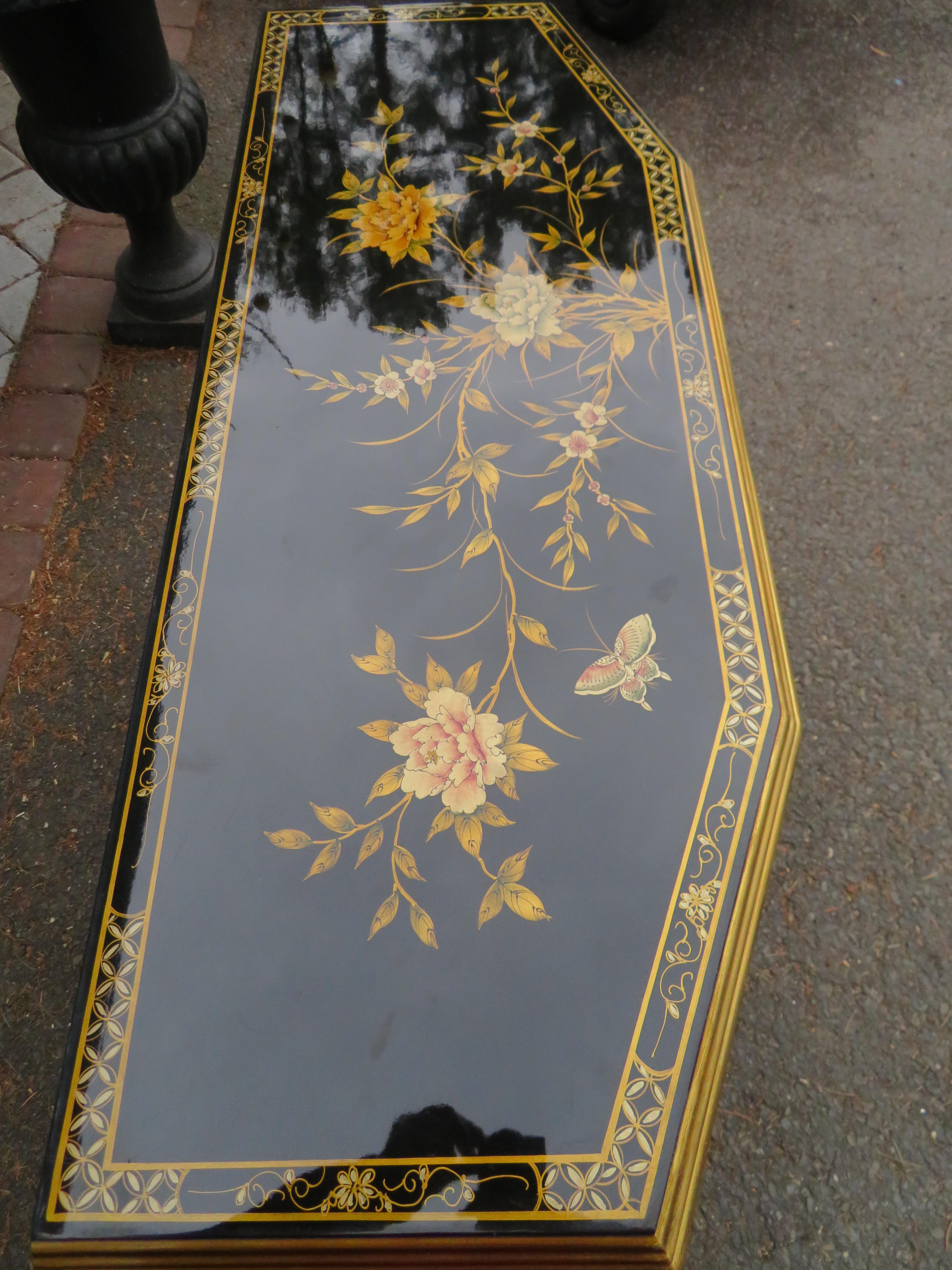 Marvelous Chinoiserie Black Lacquered Console Cabinet Hand-Painted Floral In Good Condition For Sale In Pemberton, NJ