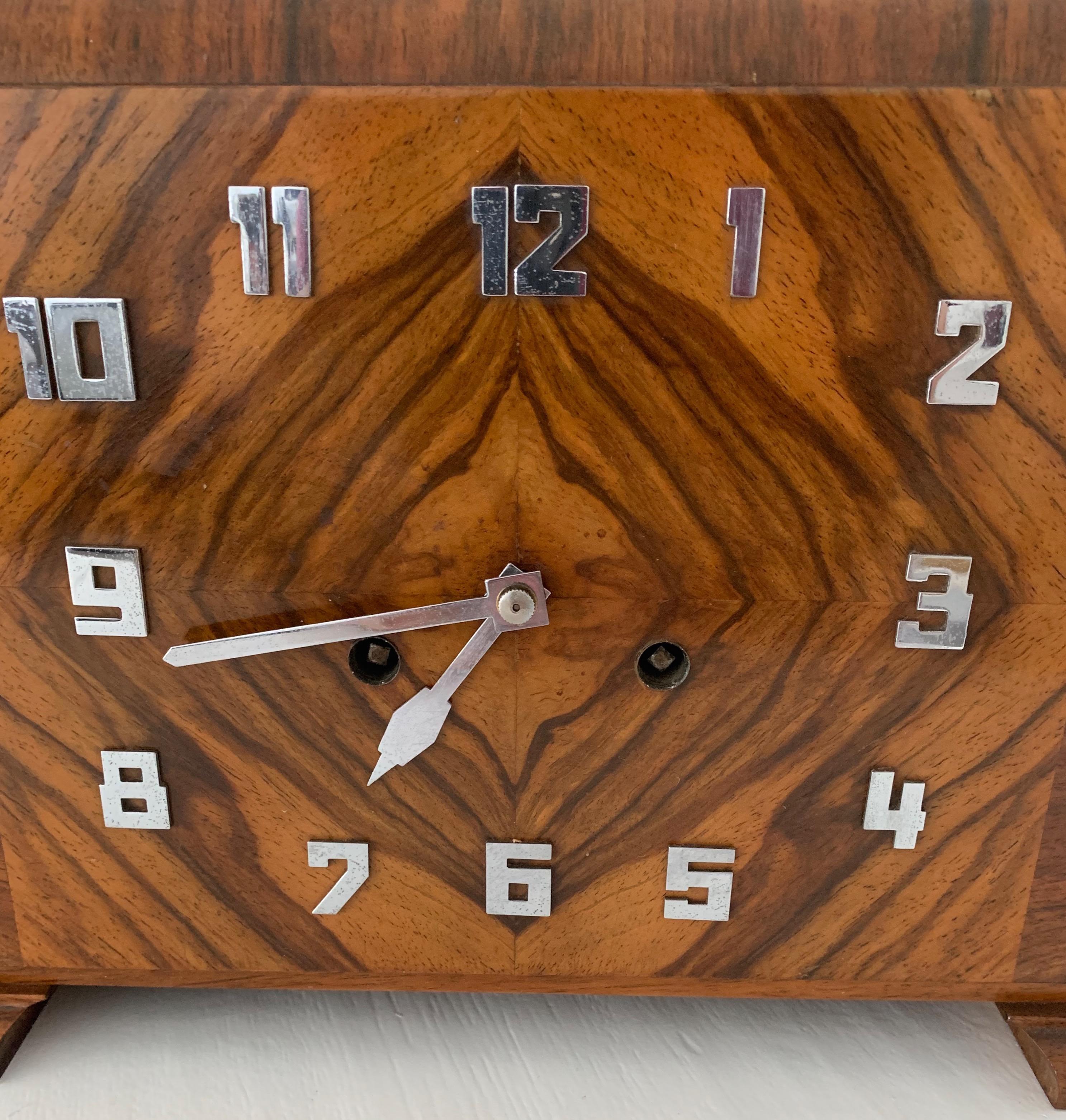 Marvelous Design & Warm Color Burl Walnut Art Deco Mantel Desk or Pendulum Clock 2