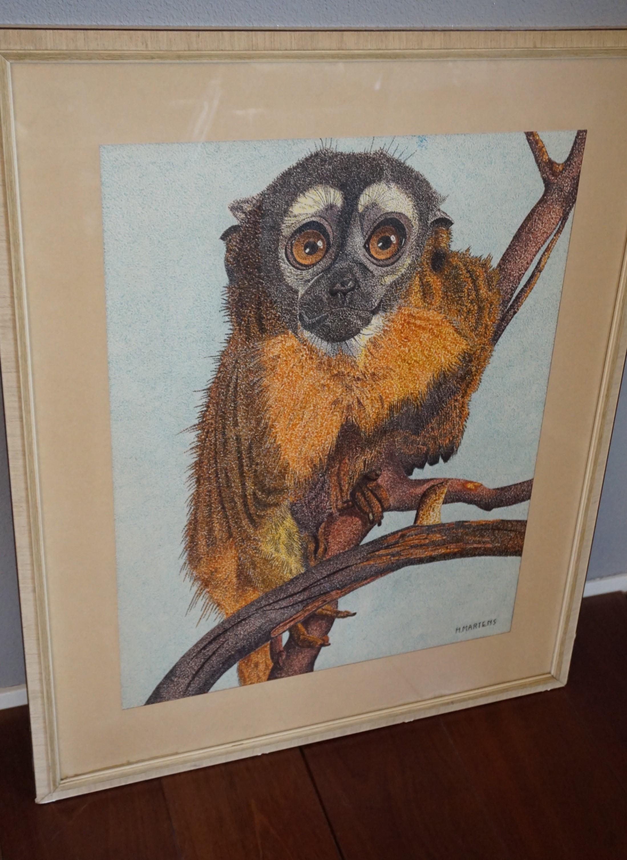 European Marvelous Early to Mid-20th Century Owl Monkey Pointillism Drawing / Painting For Sale