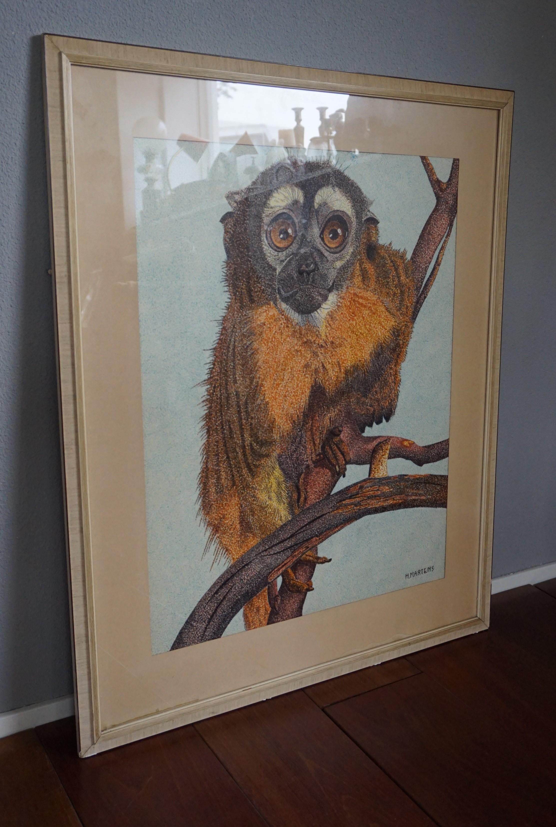 Marvelous Early to Mid-20th Century Owl Monkey Pointillism Drawing / Painting In Excellent Condition For Sale In Lisse, NL