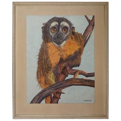 Antique Marvelous Early to Mid-20th Century Owl Monkey Pointillism Drawing / Painting