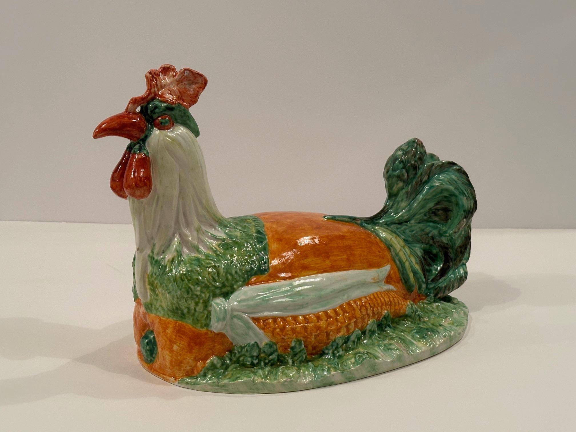 Marvelous Italian Ceramic Majolica Rooster and Vegetable Tureen For Sale 12