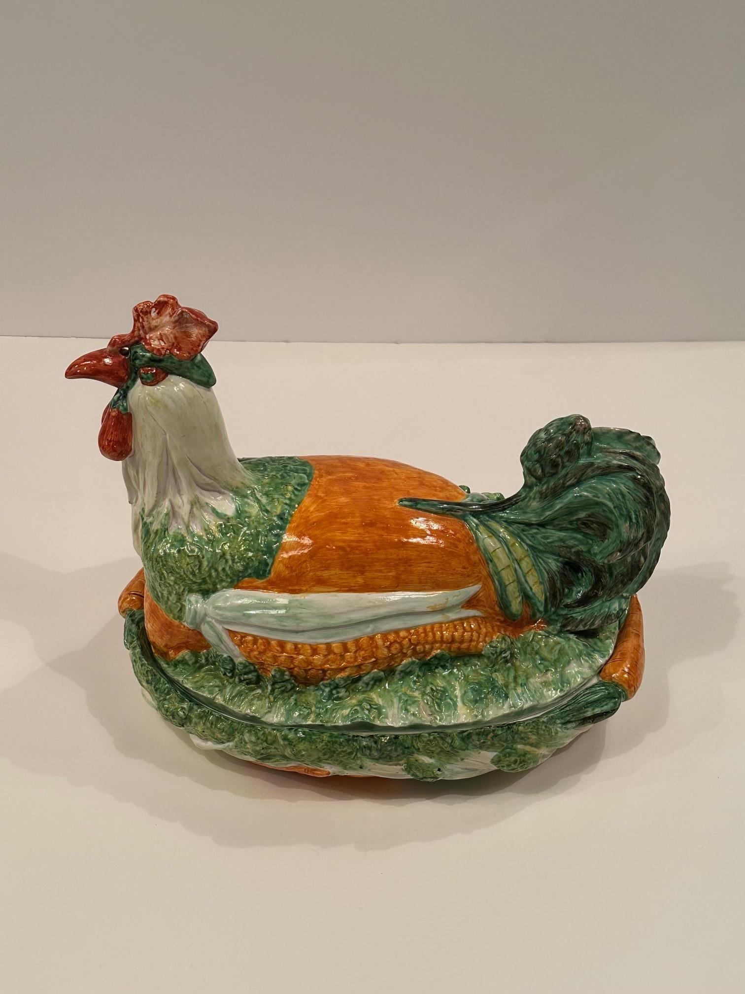 Marvelous Italian Ceramic Majolica Rooster and Vegetable Tureen For Sale 15