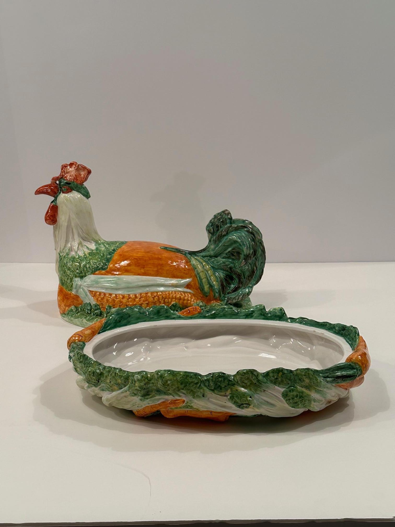 Marvelous Italian Ceramic Majolica Rooster and Vegetable Tureen In Good Condition For Sale In Hopewell, NJ