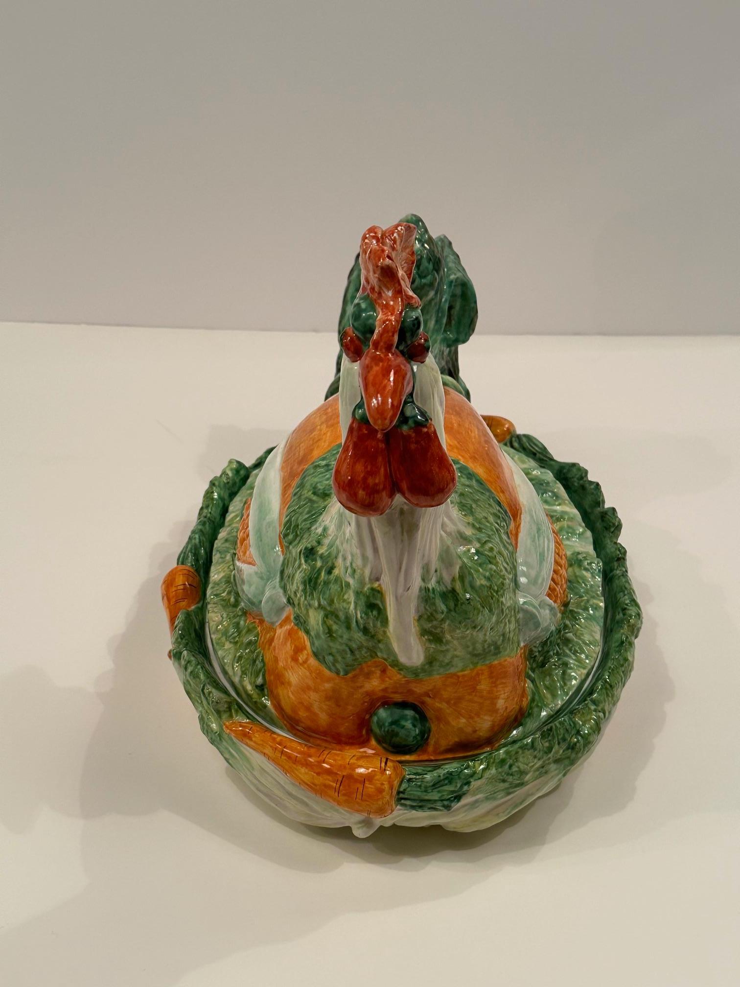 Late 20th Century Marvelous Italian Ceramic Majolica Rooster and Vegetable Tureen For Sale