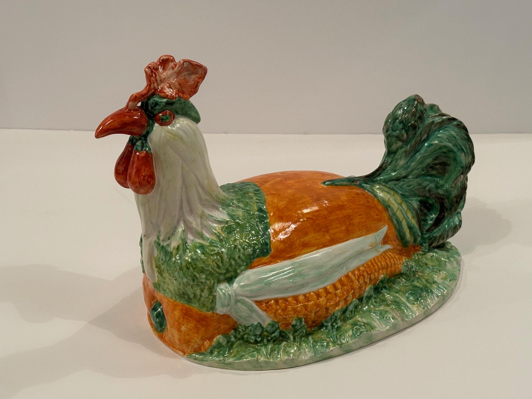 Wunderschöner italienischer Majolika-Keramik-Majolika- Hahn und Gemüseterrine aus Keramik (Ende des 20. Jahrhunderts) im Angebot